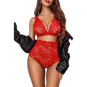 Avidlove Sexy Lingerie for Women High Waist Bra and Panty Set Strappy Babydoll Bodysuit (XX-Large, Carmine Red)