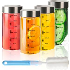 4 Pack 10 oz Glass Juice Bottles with Stainless Steel Lids Wide Mouth Borosilicate Glass Shaker bottle for Juicing, Protein, Smoothies, Reusable, Leak Proof, Dishwasher Safe Glass Water Bottles