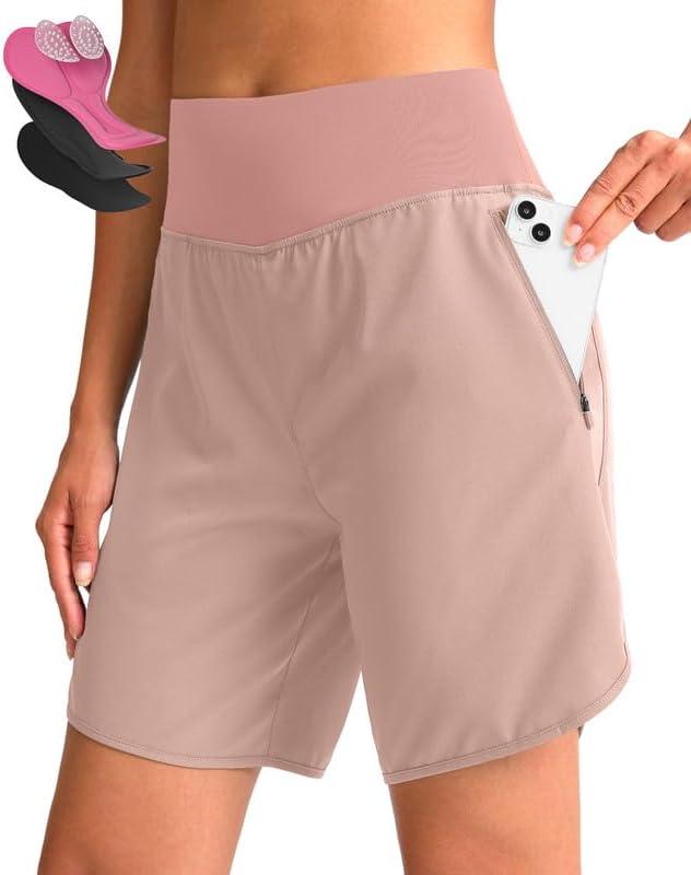 Women's Mountain Bike Shorts 4D Padded Cycling Shorts with Zipper Pockets High Waist Biking Riding Cycle Shorts (Pink)