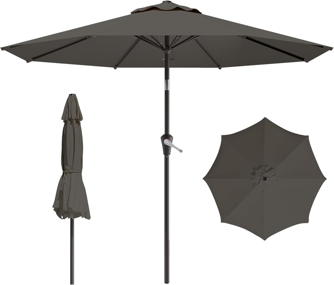 9 FT Patio Umbrella for Outdoor, Outdoor Umbrella with Push Button Tilt and Crank, Outdoor Patio Umbrellas with 8 Sturdy Ribs for Market, Garden, Deck, Backyard, Pool (Gray)