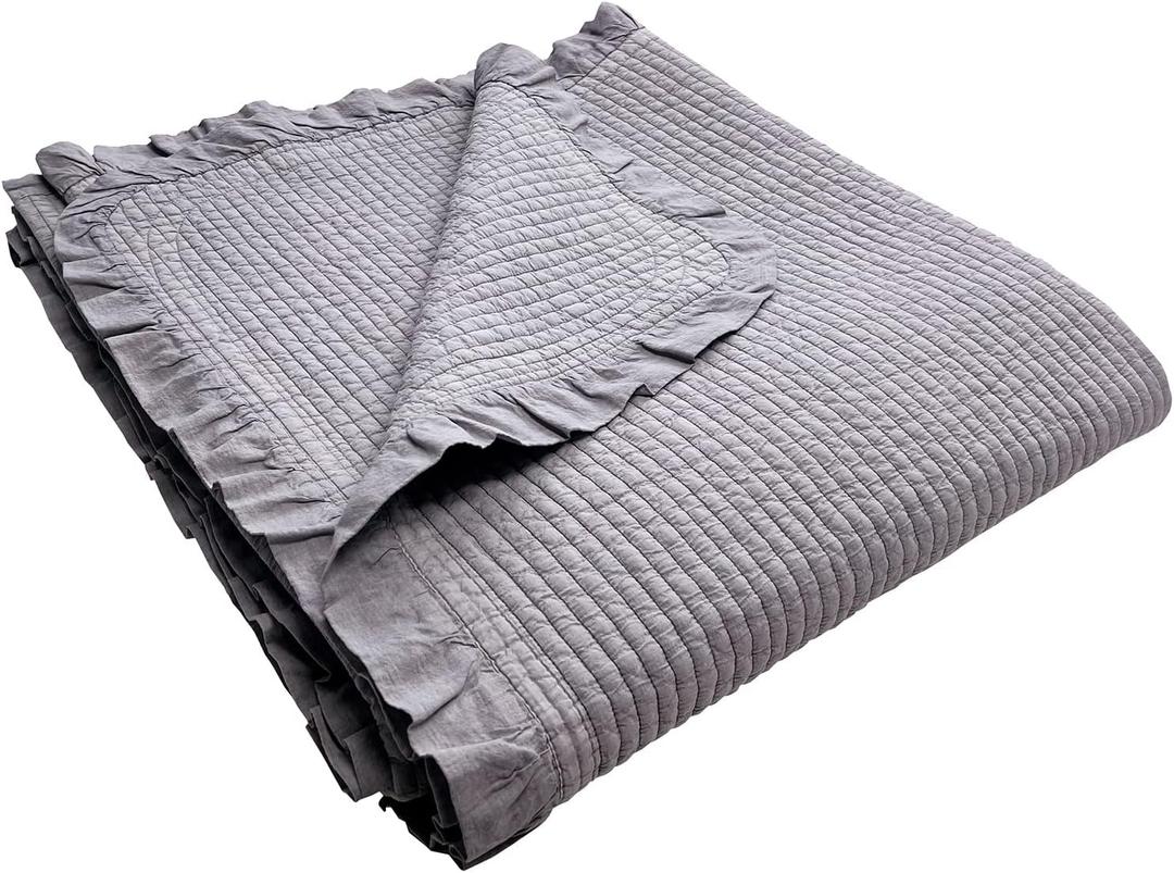 100% Cotton Frilled Bed Coverlet, Blanket - Full/Double Size 79x91" - Pigment Washed Soft & Breathable Quilted for Bed and Couch - Lightweight Coverlet for All Seasons (Gray)