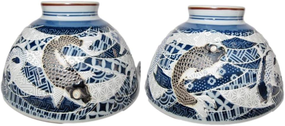Japanese Mino Ware Ceramic Rice Bowl Set Carps Pattern 4.84 Inches Diameter x H2.64 Inches, 13.3 Fluid Ounces Chawan, Blue Set of 2 from Japan (Carps)