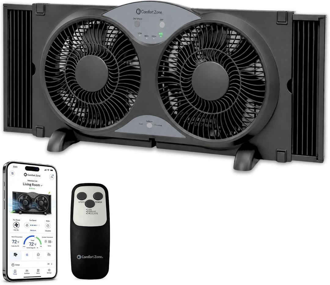 Comfort Zone 9" Smart Reversible Twin Window Fan | WiFi & Remote Control, 3-Speed Exhaust, Intake & Circulate Functions, Adjustable 23.5" to 37" Width