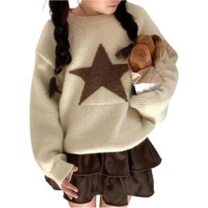 BEAUDRM Girl's Star Graphic Sweaters Cute Crew Neck Long Sleeve Knitted Pullover Jumper Tops (Beige), Size 11 years