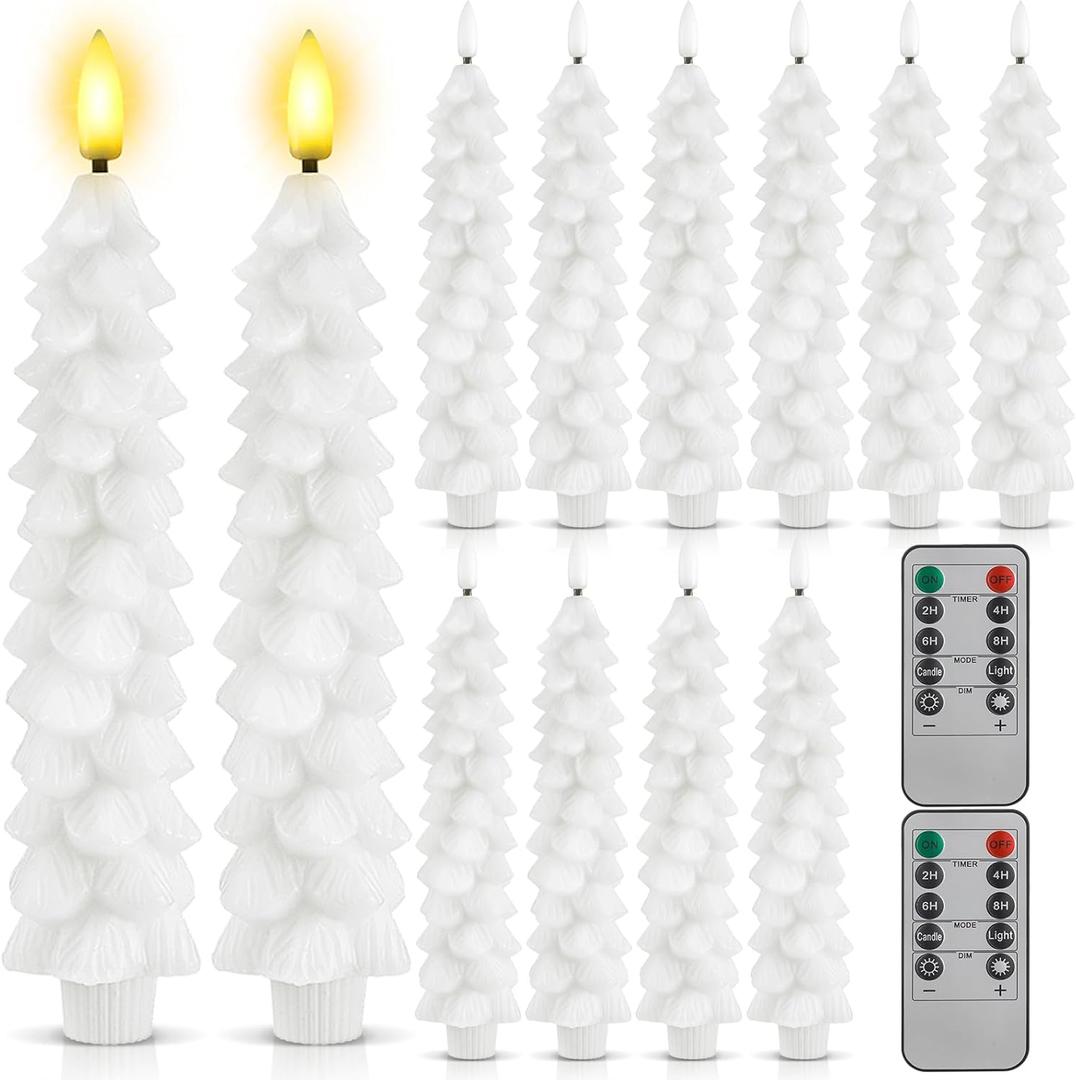 Funtery 12 Pcs LED Flameless Christmas Tree Taper Candles, 9.7" Real Wax Battery Operated Candlestick Lights with Remote Timer and 3D Flickering Flame for Home Decor(White,Classic)