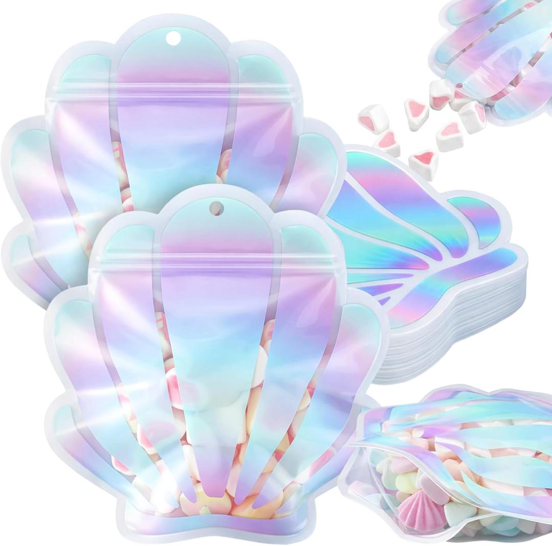 Resurhang 60 Pcs Mermaid Party Zipper Treat Bags Cute Seashell Food Goodie Gifts Bags Resealable Under the Sea Aquatic Nautical Theme Snack Candy Containers for Summer Ocean Beach Supplies
