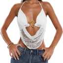 Women's Crochet Halter Crop Tank Top Open Back Tie Metal Ring Rave Sexy Y2K Going Out Tops for Women Party Club (White, S)