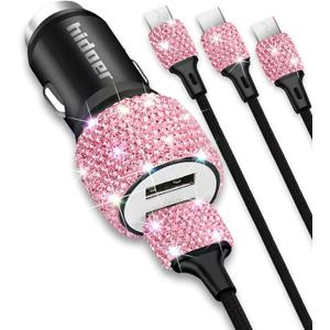 Bling USB Car Charger 5V 2.4A Pink Crystal Decor Dual Port Fast Adapter with 4ft Nylon Type C Micro USB 3 in 1 Multi Charging Cable for iPhone iPad Android, Auto Interior Accessories for Women
