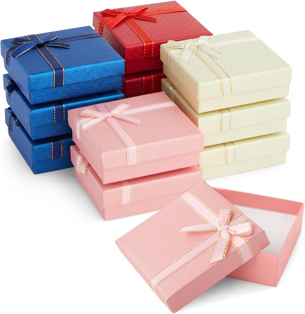 Bright Creations 12 Pack Cardboard Jewelry Gift Boxes with Lids & Bows for Ring Necklace Bracelet Earrings Display, 4 Colors, 3.5 x 1 in - Jewelry Box