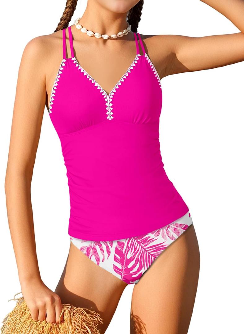 Queenstyle Girls Tankini Swimsuit V Neck Crochet Edge Bathing Suit Cross Back Straps Two Piece Swimwear for 9-16 Years (13-14 Years, Pink)