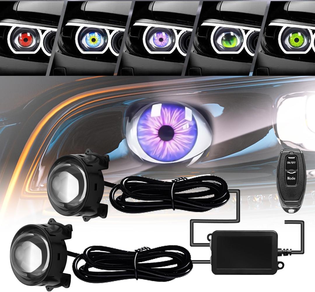 Demon Eye Headlights for Cars and Motorcycles, 2PCS LED Dynamic Devil Eyes Light Kit with HD Lens, 6 Animated Eye Patterns, Universal 12-36V Eyeball Lights for Headlight or Fog Light