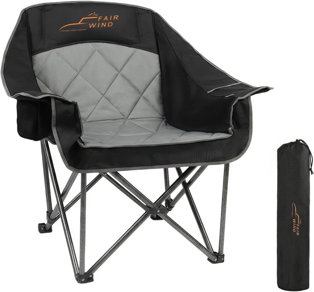 FAIR WIND Oversized Padded Camping Chair Heavy Duty Quad Fold Arm Chair Portable for Outdoor - Support 500LBS, Black, Steel Frame