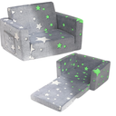 ALIMORDEN Fold Out Toddler Couch, Extra Wide Comfy 2-in-1 Cuddly Sherpa Sofa for Kids, with Removable Baby Friendly Blanket, Convertible Sofa to Bed, Gray (Stars)