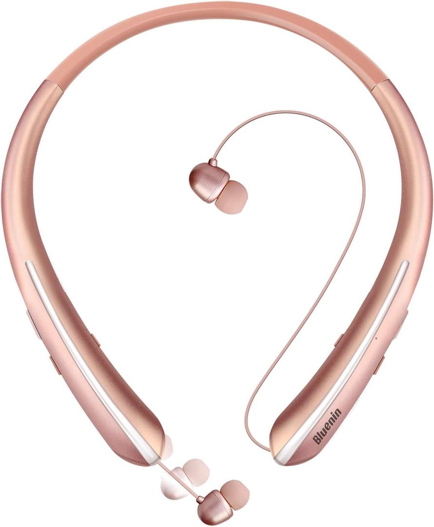 Neckband Bluetooth Headphones, Bluetooth 5.4 Wireless Headphone with Retractable Earbud,CVC8.0 Noise Cancelling, 16Hrs Playtime, Around The Neck Headphones Stereo Headset for Music, Conference, Videos (RoseGold)