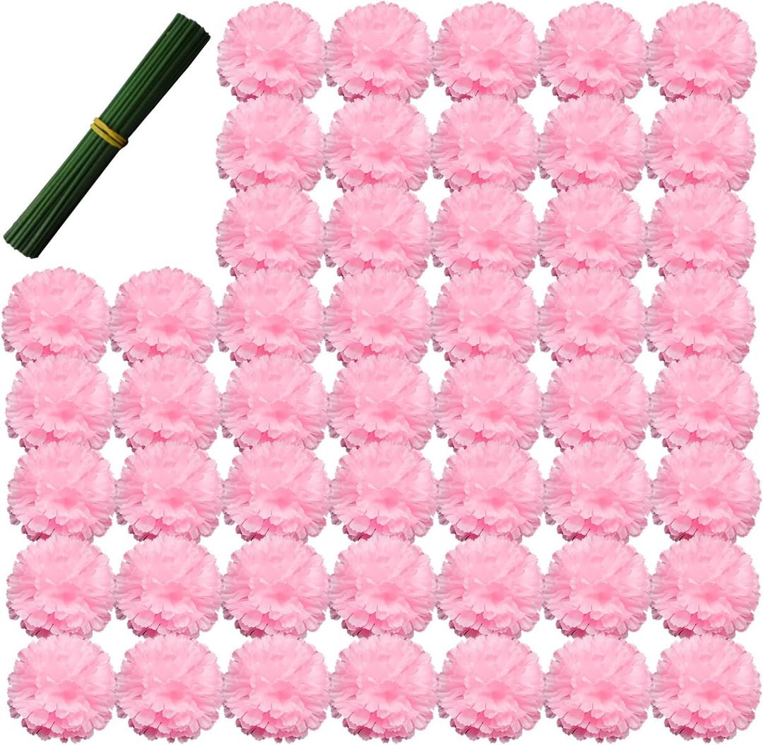 Artificial Carnation Flower, 50pcs Silk Faux Flower Heads with Stem, for DIY Wreath, Wedding Decor, Handmade Flowers, Table Centerpieces, Home Decor, Baby Shower, Graduation Decor (50, Pink)