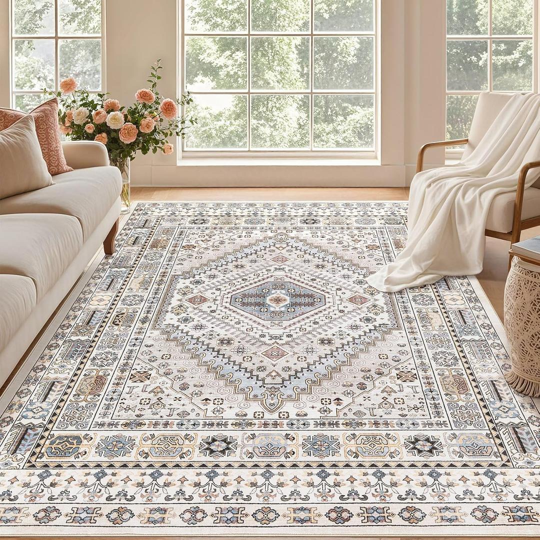 10x14 Area Rugs Living Room: Washable Boho Large Neutral Vintage Soft Rug Indoor Stain Resistant Non-Slip Carpet for Bedroom Dining Room Playroom Office Home Decor- Beige Blue