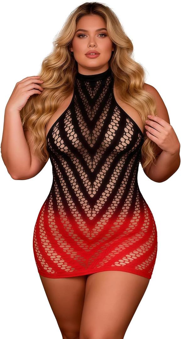 ohyeah Fishnet Lingerie Mini Dress Plus Size XS-2XL Halter Backless Sexy Rave Outfits Stretch See Through Cover Up (Black, XXL)
