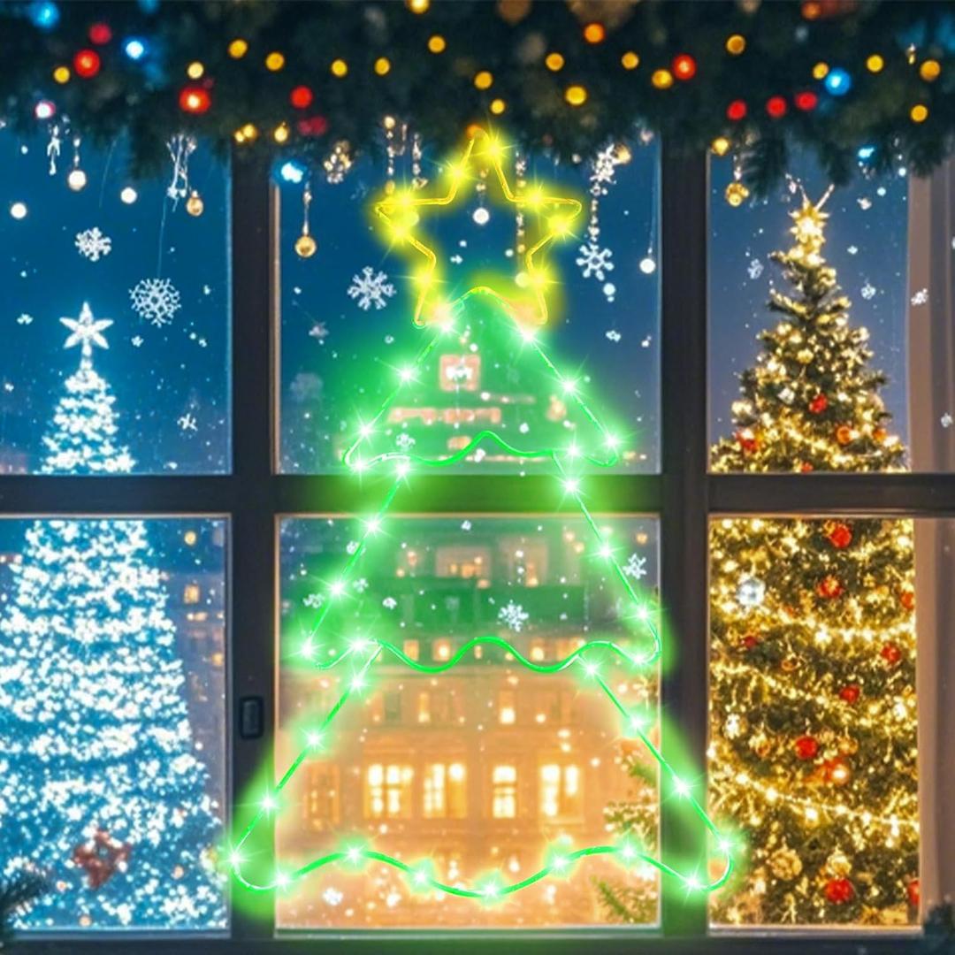 Vigdur Christmas Tree Window Lights, 16' Christmas Silhouette Lights Battery Powered with Bright LEDs, Hanging Decorations for Xmas New Year Wall Door Window Decor (1 Pcs)