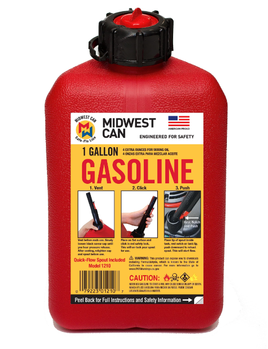 MIDWEST CAN 1 GALLON GASOLINE CAN, MISSING QUICK FLOW SPOUT AND CAP