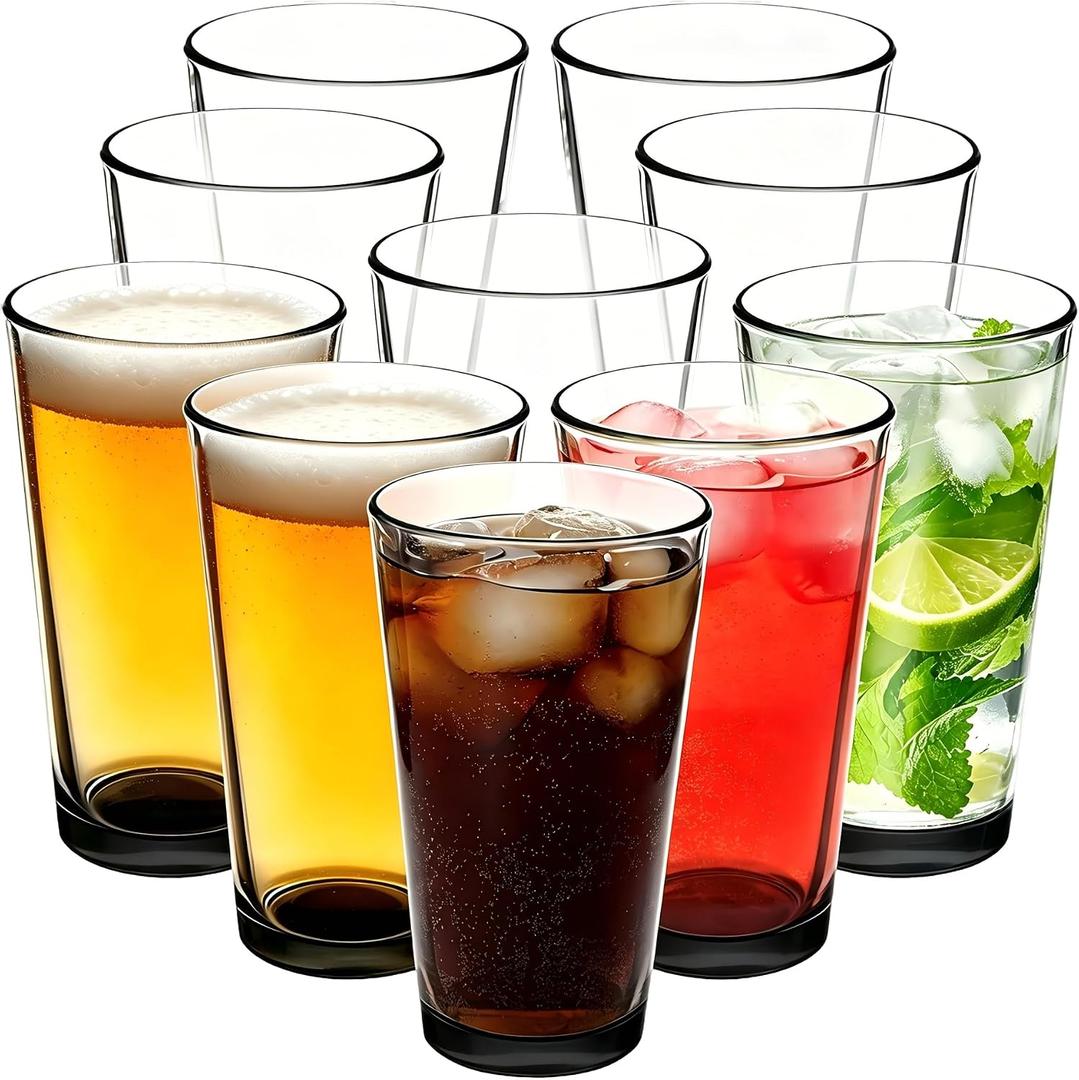 Beer Pint Glasses 16 oz – Set of 10, Heavy Duty Clear Glass Tumblers for Cold Beverages, Thick Walls & Stackable Base, Classic Highball Drinking Glasses for Home, Kitchen, Bar or Restaurant, Large