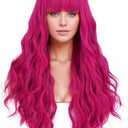 PATTNIUM 27 Inches Hot Pink Wig Long Curly Pink Wig with Bangs Women Girls Synthetic Dark Pink Wigs Halloween Cosplay Party Costume Wigs