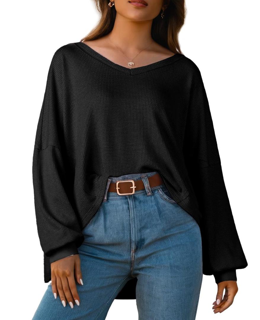 IWOLLENCE Womens Long Sleeve Shirts Oversized V Neck Tunic Tops for Women Waffle Knitted Pullover Sweater Top Black Large (Black, L)