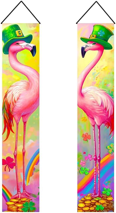12x71 Inch St Patricks Day Flamingo Door Banners Pink Bird Porch Signs with Clover and Rainbow Holiday Entryway Decoration for Indoor Outdoor Front Door Seasonal Hanging Couplets