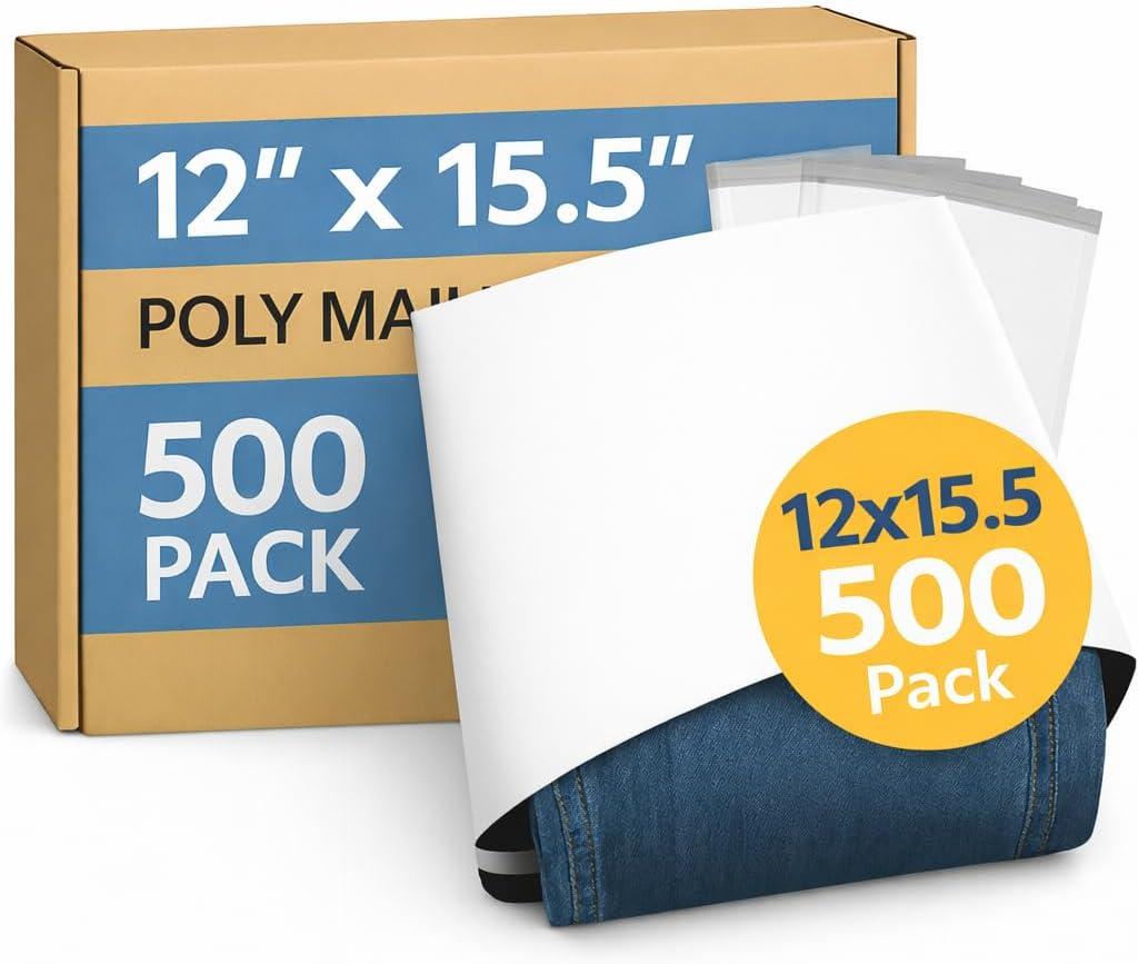 Poly Mailers 12x15.5 (500 Pack)  12x15 Polymailers Shipping Bags, Self-Sealing Mailing Envelopes  2.5 Mil. Made in Canada