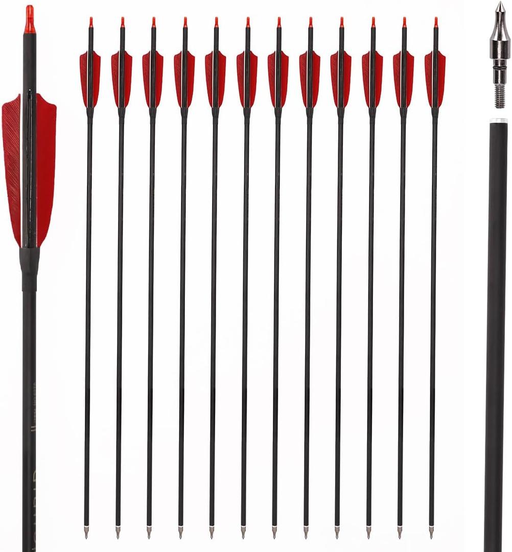 LWANO 30" Carbon Arrows-Archery Target Practice Hunting Arrows with 4" Turkey Feather Spine 500 for Recurve & Long Bow(Pack of 12) (Red Black)