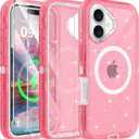 Compatible with iPhone 16 Case with Screen Protector, Shockproof, Compatible with MagSafe, 3-Layer Drop Protection, Heavy Duty Magnetic Phone Case Cover, 6.1", Pink Glitter