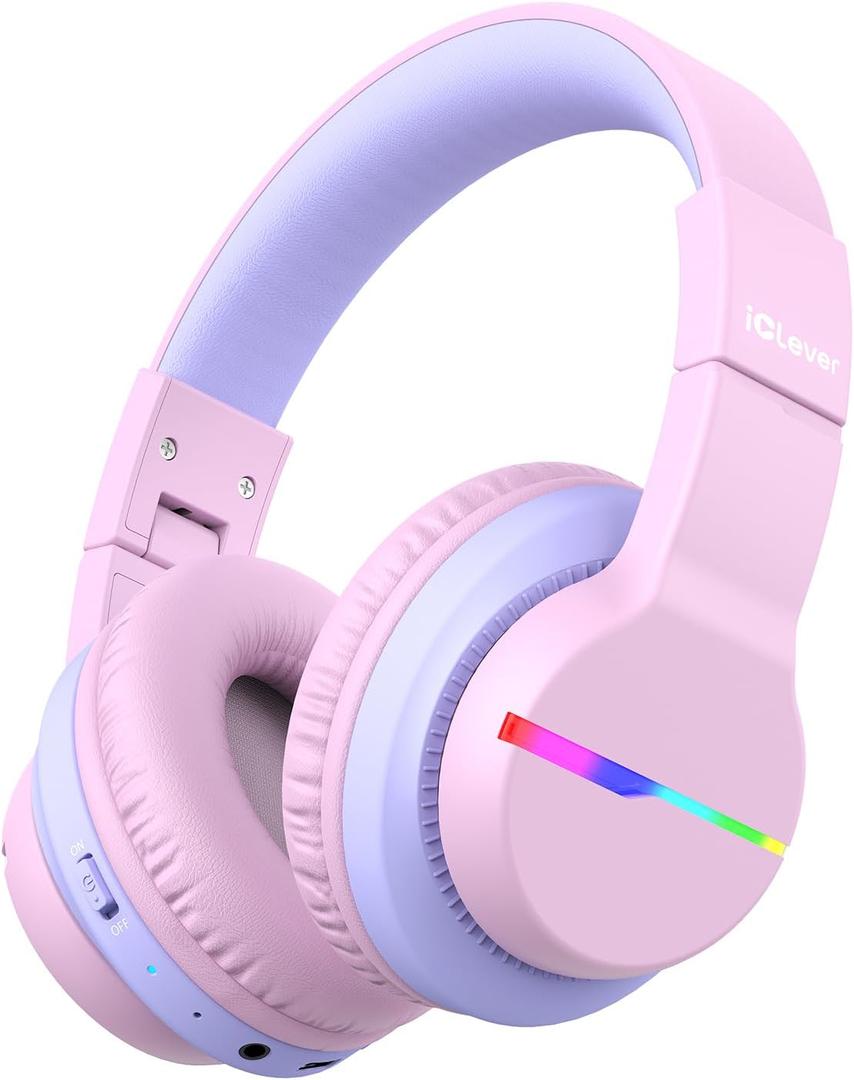 iClever BTH12 Kids Bluetooth Headphones,Colorful LED Lights,74/85dBA Safe Volume,85H Playtime,Bluetooth 5.2,Over Ear Headphones Built-in Mic for iPad/Tablet/Airplane,Blossom Pink