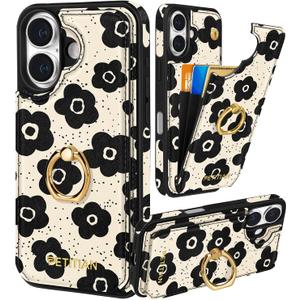 Petitian for iPhone 17 Case with Wallet - Women Girls Cute Girly Aesthetic Unique Design Leather Credit Card Holder Cardholder 360 Rotatable Ring Stand for iPhone 17, Black Flower