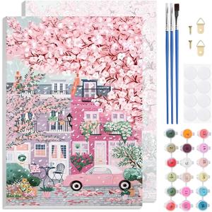2 x TLIOBLO Pink Landscape Paint by Numbers Kits with Frame for Adults Beginners, DIY Cherry Blossom Tree Painting by Numbers on Canvas for Home Wall Decor Gifts 20x30cm