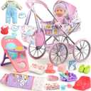 Baby Doll Stroller Playset for Girls Toddlers 3-5 4-6 5-7 Year Old to Play House Games. Stroller Toy with 12.5" Baby Doll, Dining Chair, Quilt Pillow, 24 PCS Doll Accessories and 2 Sets Clothes.