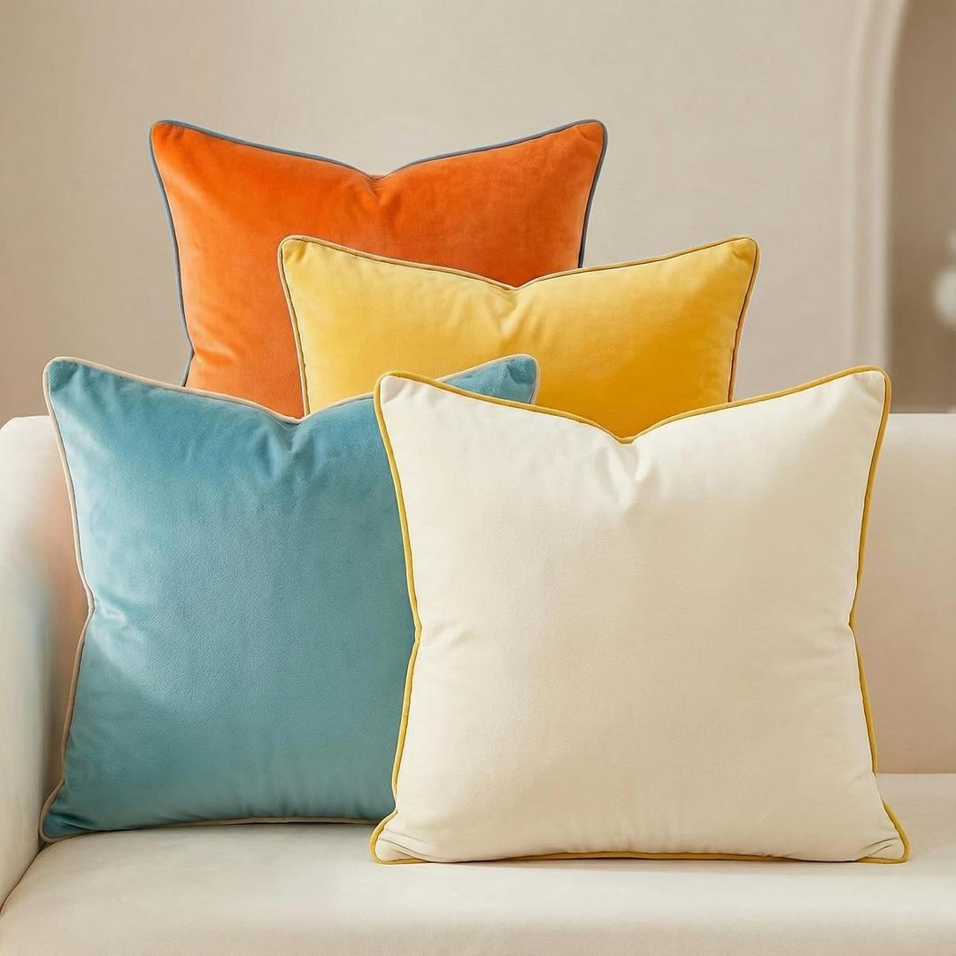 Mecatny Set of 4 Velvet Throw Pillow Covers 18x18, Soft Colorful Accent Decorative Couch Pillow Covers for Sofa Living Room, Orange/Yellow