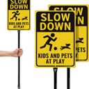 GicnKeuz Slow Down Kids At Play Sign - 14"x10" Kids And Pets At Play Safety Signs with 36" Heavy Duty Metal Stakes, .040 Aluminum Reflective Signs, Fade Resistant/Waterproof, Including Screws, Easy to Install, Outdoor Use (2 Pack)