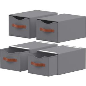 4 Pack Stackable Storage Drawers, Fabric Closet Organizers and Storage with Handles and Clear Window, Pull-Out Clothes Storage Bins with Drawer for Closet, Bedroom, Living Room, Under Bed, Gray