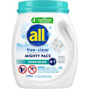 All Mighty Pacs Laundry Detergent Free Clear Odor Relief, Tub, 56 Count
