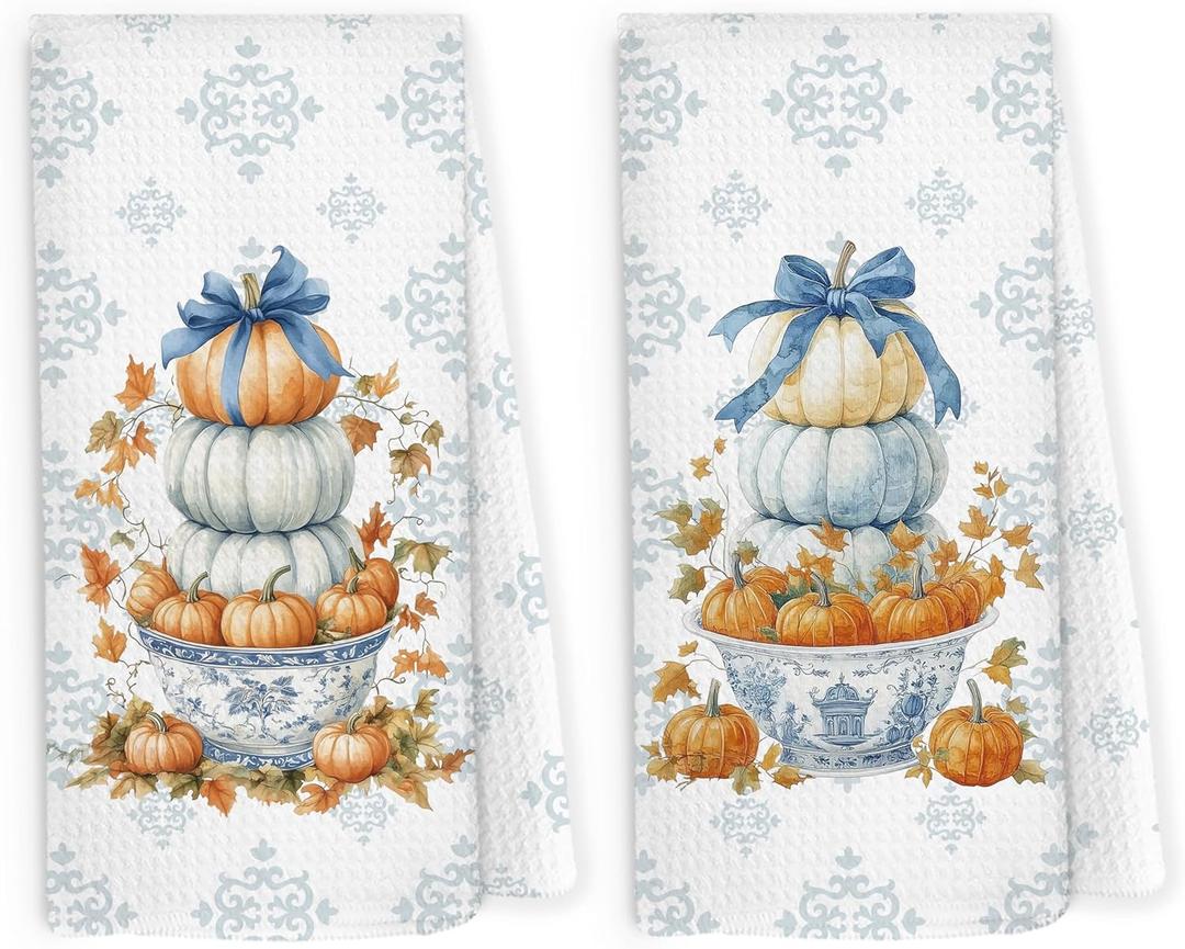 Chinoiserie Fall Pumpkin Kitchen Dish Towels 16x24 Inch Set of 2, Blue and White Chinoiserie Grand Millenial Bow Pumpkin Decorative Hand Towel Tea Towels for Kitchen, Fall Bathroom Decor