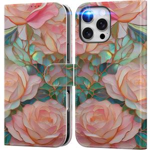DEENAKIN for iPhone 16 Pro Max Wallet Case with Card Holder + Cash Clip, RFID-Blocking, Military-Grade Protection & UV-Printed Artwork, Magnetic Closure with Leather Stand - Blooming Pink Rose