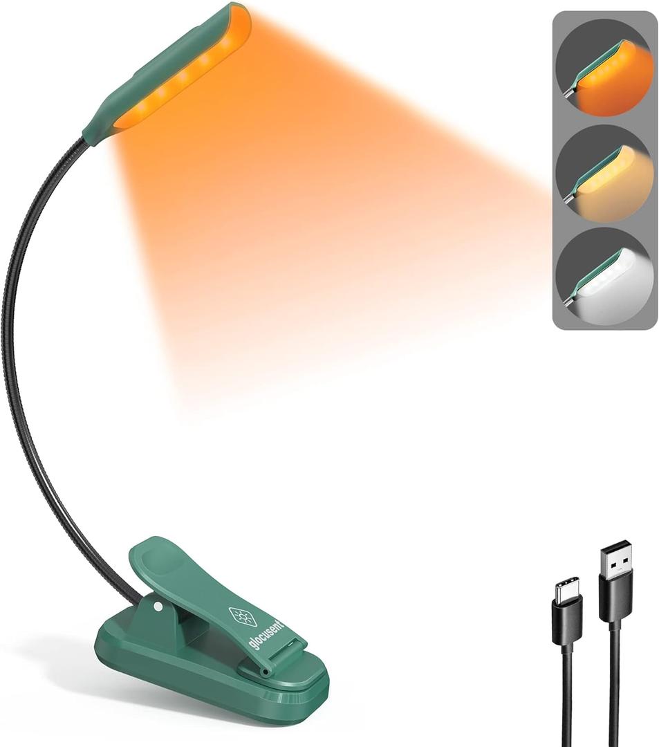 Glocusent Willow Book Light for Reading in Bed, 10LED Bright Reading Light, 3 Colors & 3 Brightness, Rechargeable Book Light Lasts for 80hr, Lightweight Clip on Book Light, Perfect for Book Lovers (Green)