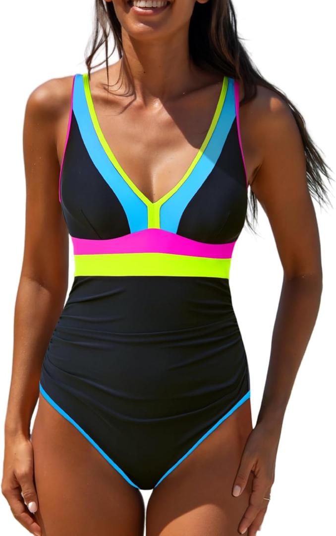 popvil One Piece Swimsuit Women 2025 Tummy Control Neon Color Block Bathing Suit Deep Vneck Tie Back Swim Suits Beach (Small, Black Blue-1)