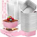 50 Pack Mini Cake Pans with Lids and Spoons Small Aluminum Foil Pans Square Baking Cups Disposable Ramekins Cupcake Liners for Brownie Pie (Pink, 5 oz)
