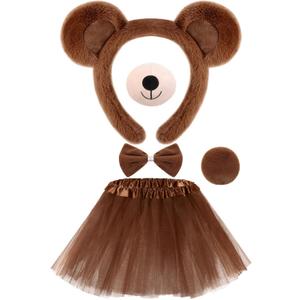 Zhanmai 5 Pcs Carnival Animal Costume Kid Bear Puppy Dog Pup Kangaroo with Tutu Ear Headband Bowtie Tail Paws for Boys Girls (Dark Brown)