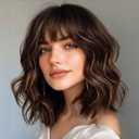 ENTRANCED STYLES Brown Highlight Wig with Bangs for Women Short Wavy Curly Brown Bob Wigs Medium Length 14 inch Synthetic Hair for Daily Party Use (Brown Mix Blonde)