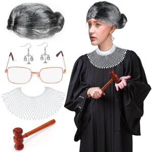 5 Pieces RBG Wig Set Judge Costume Accessories Women's Dissent False Collar Necklace Costume for Halloween Cosplay Party Favors (Grey)