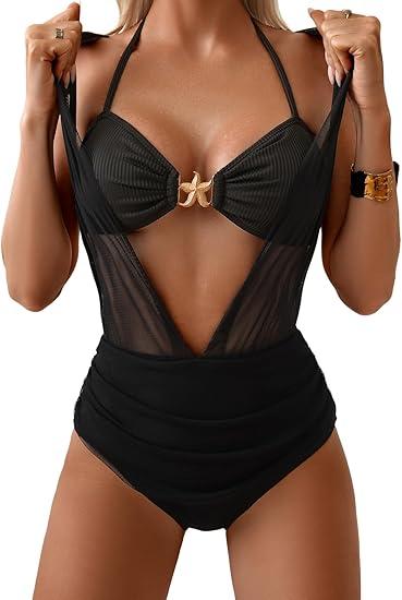 Eomenie Women's One Piece Swimsuit Halter Plunging Neck Bathing Suit Wide Straps Tummy Control Tie Back Swimwear M
