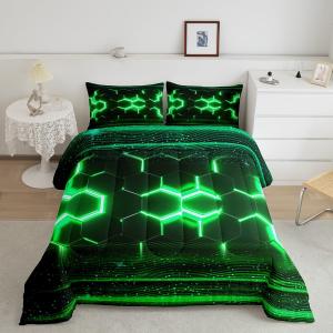 Feelyou Honeycomb Comforter Set Twin Size, Ombre Theme Bedding Sets Boys Teen Green Glitter Comforter Geometric Abstract Modern Quilt Set with 1 Pillow Case (Multi 06)
