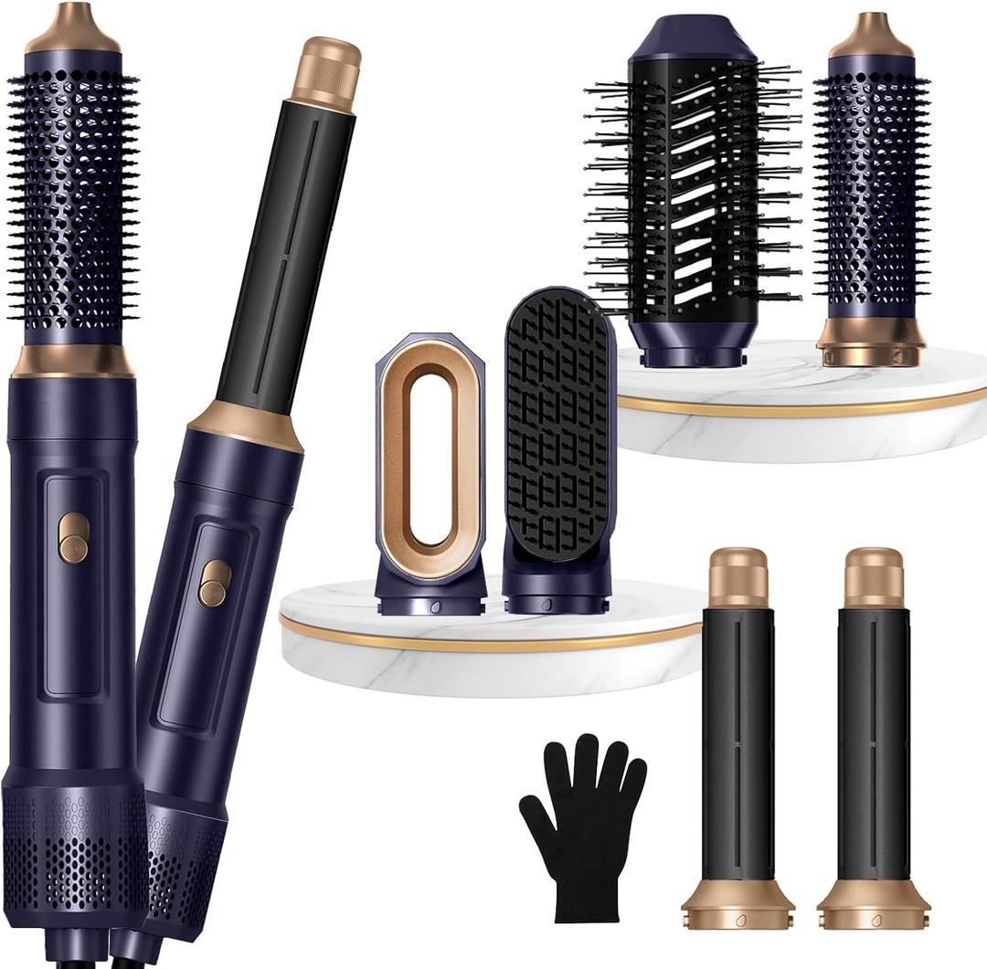 6 in ONE Blow Dryer Brush, Curling Wand Hair Styling Tools Set, Ionic Hot Air Hair Dryer, Massage Oval Hair Dryer, Left&Right Hair Curlers 100-120V (Blue Gold)