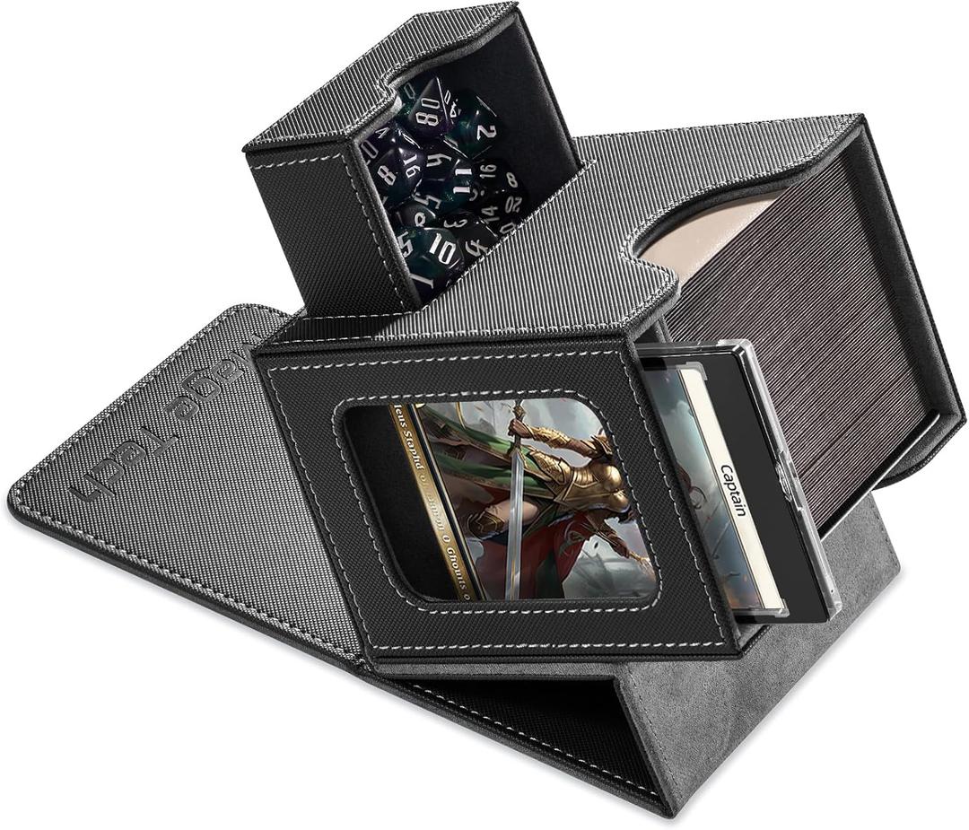Card Deck Box for MTG Commander - Patented Design, Commander Display, Fits 100 Double-Sleeved Cards, 35pt Card Brick & Dice Tray - Black/Gray (2. Artifact (Black /Grey))